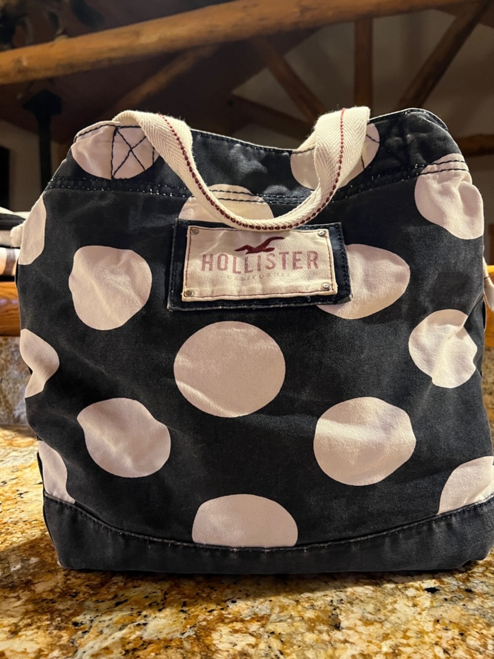 Hollister Black Canvas Tote with white Polka Dots - Picture 2 of 6